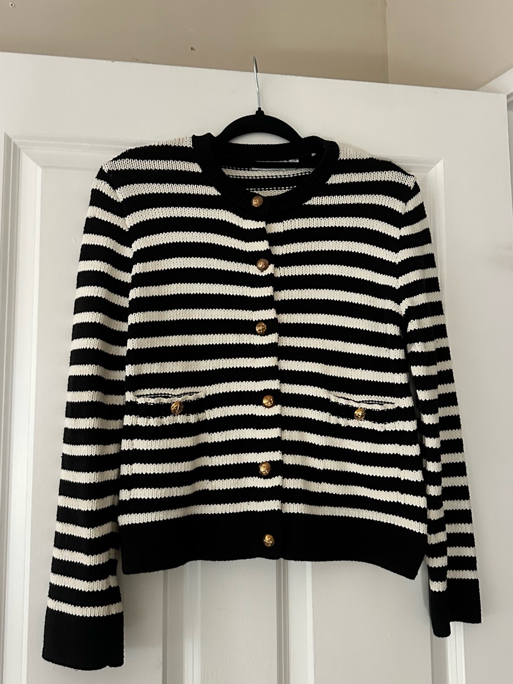 Zara Black and White Striped Knit Cardigan with Gold Buttons
